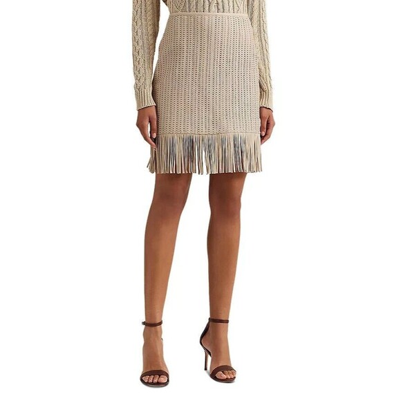NWT $595 Ralph Lauren SKIRT Fringe Trim Woven Leather Pencil 100% LAMB LEATHER - Picture 1 of 14